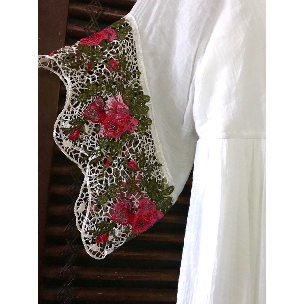 WHITE Crochet Lace Dress BOHO Peasant Bell Sleeves - Picture 5 of 6